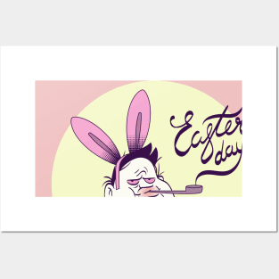 happy easter day. Funny sleepy man with rabbit ears Posters and Art